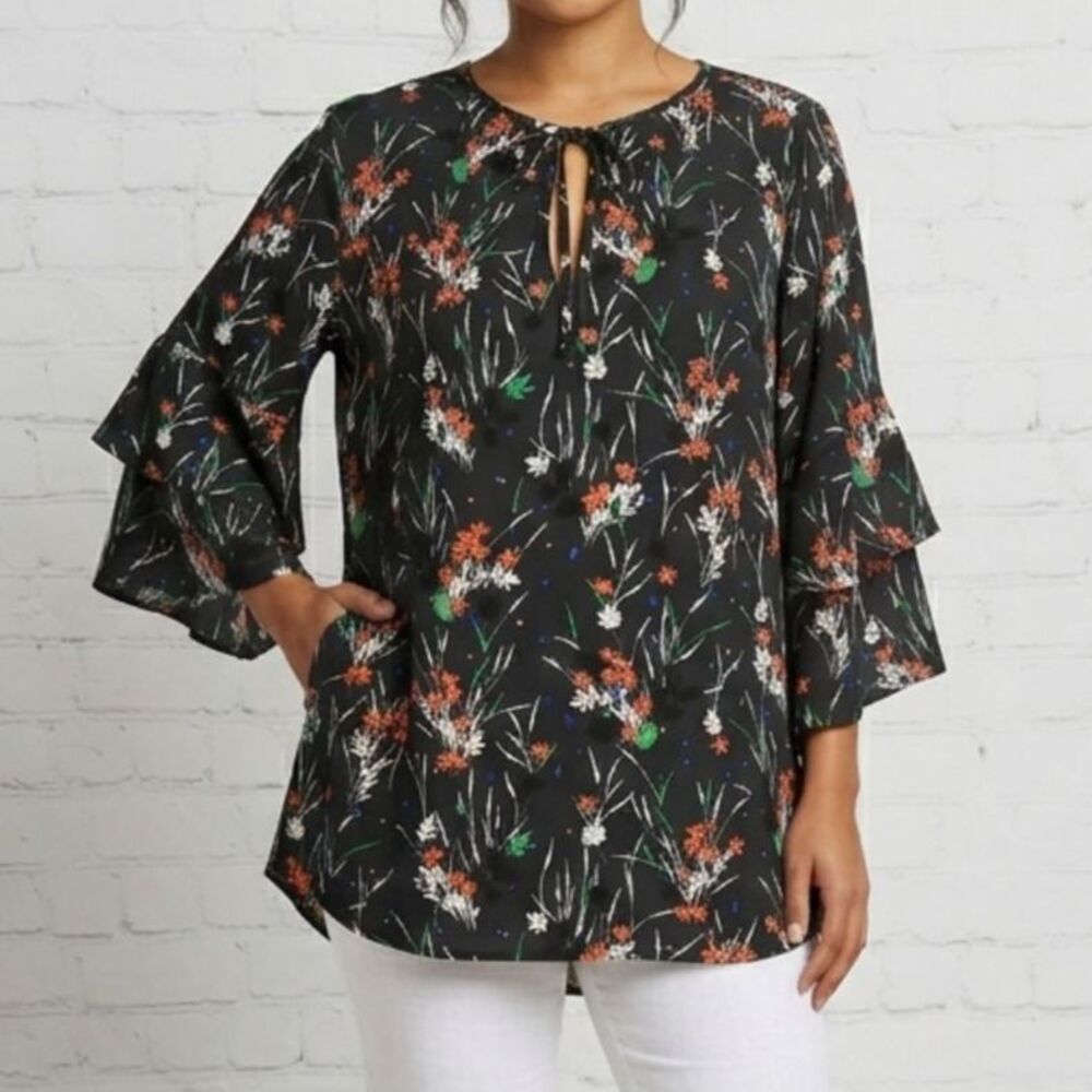GAP Black Floral 3/4 Tiered Ruffle Sleeve Keyhole Tie Neck Blouse Top XL